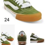 Tenis tipo skate, verde con blanco y suela miel, talla 24.