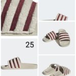Sandalias tipo slide, beige/crema con franjas vino, talla 25.